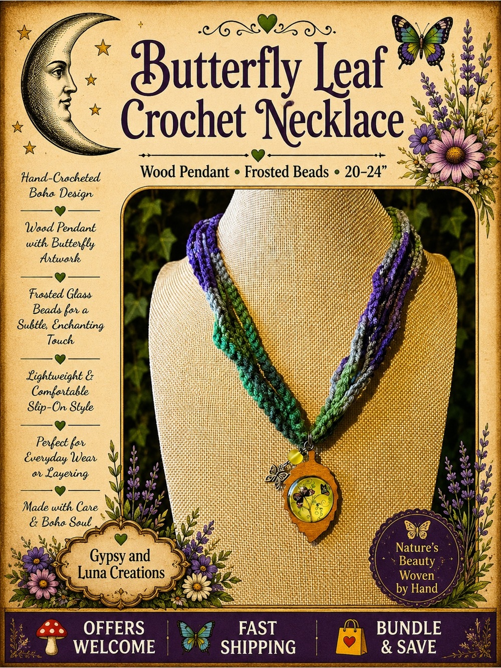 Handmade Crochet Butterfly Necklace Wooden Leaf Pendant Boho 20–24”